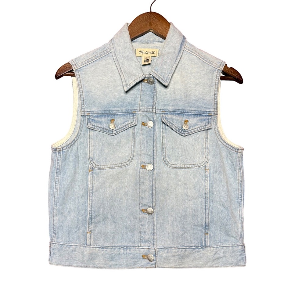 Madewell Women Small Light Wash Denim Trucker Vest Blue Button Up Western Moto - Picture 1 of 10